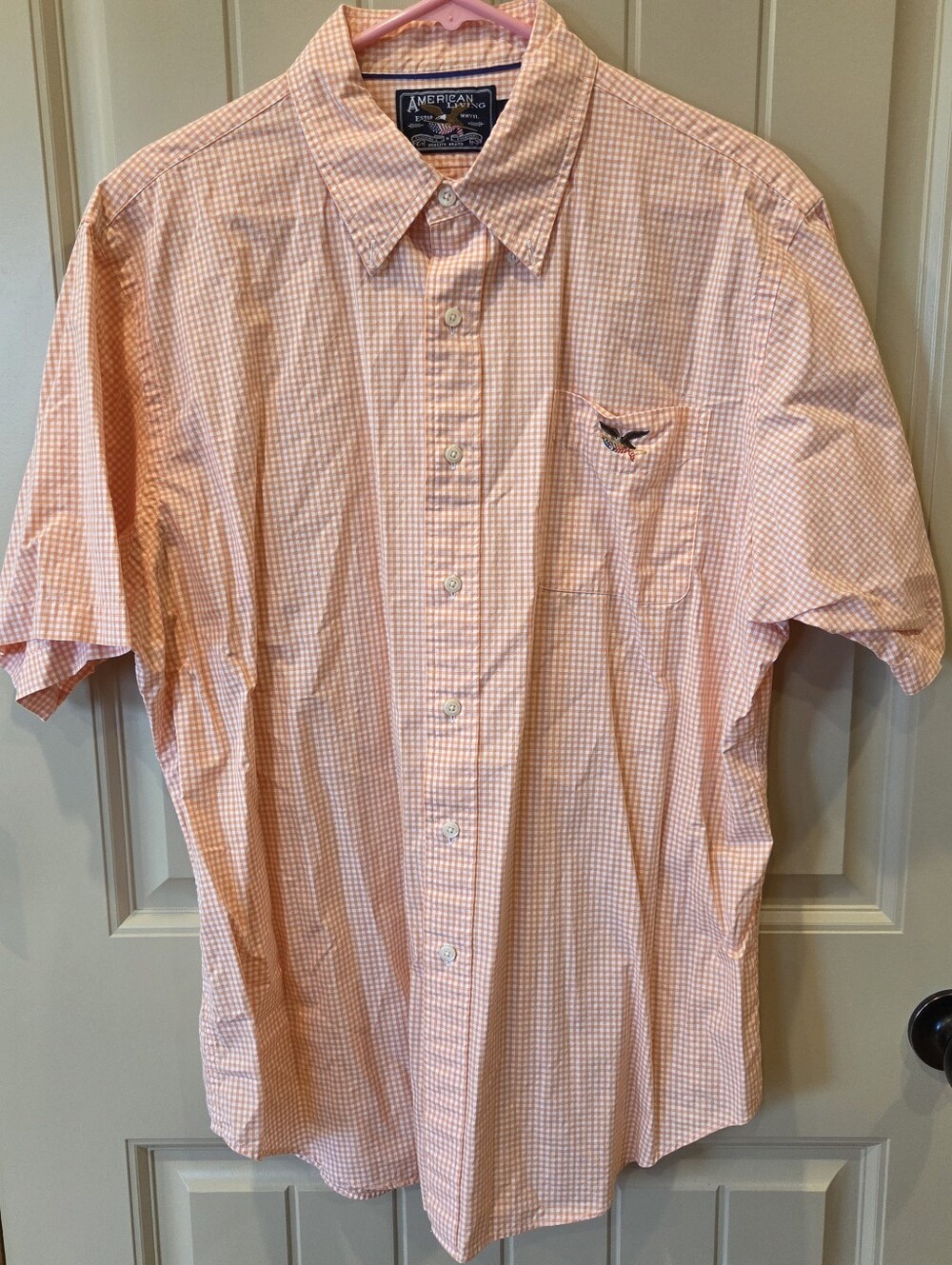 American Living Men's XL Peach Gingham Short Sleeve Button Down Shirt Cotton - Picture 2 of 9